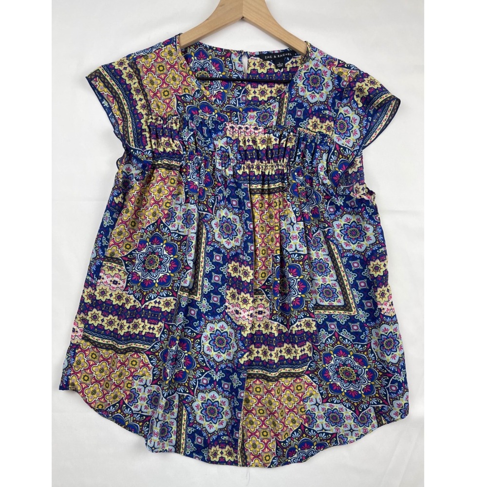 Zac & Rachel Women Blue Yellow Medallion Patchwork Smocked Blouse Large